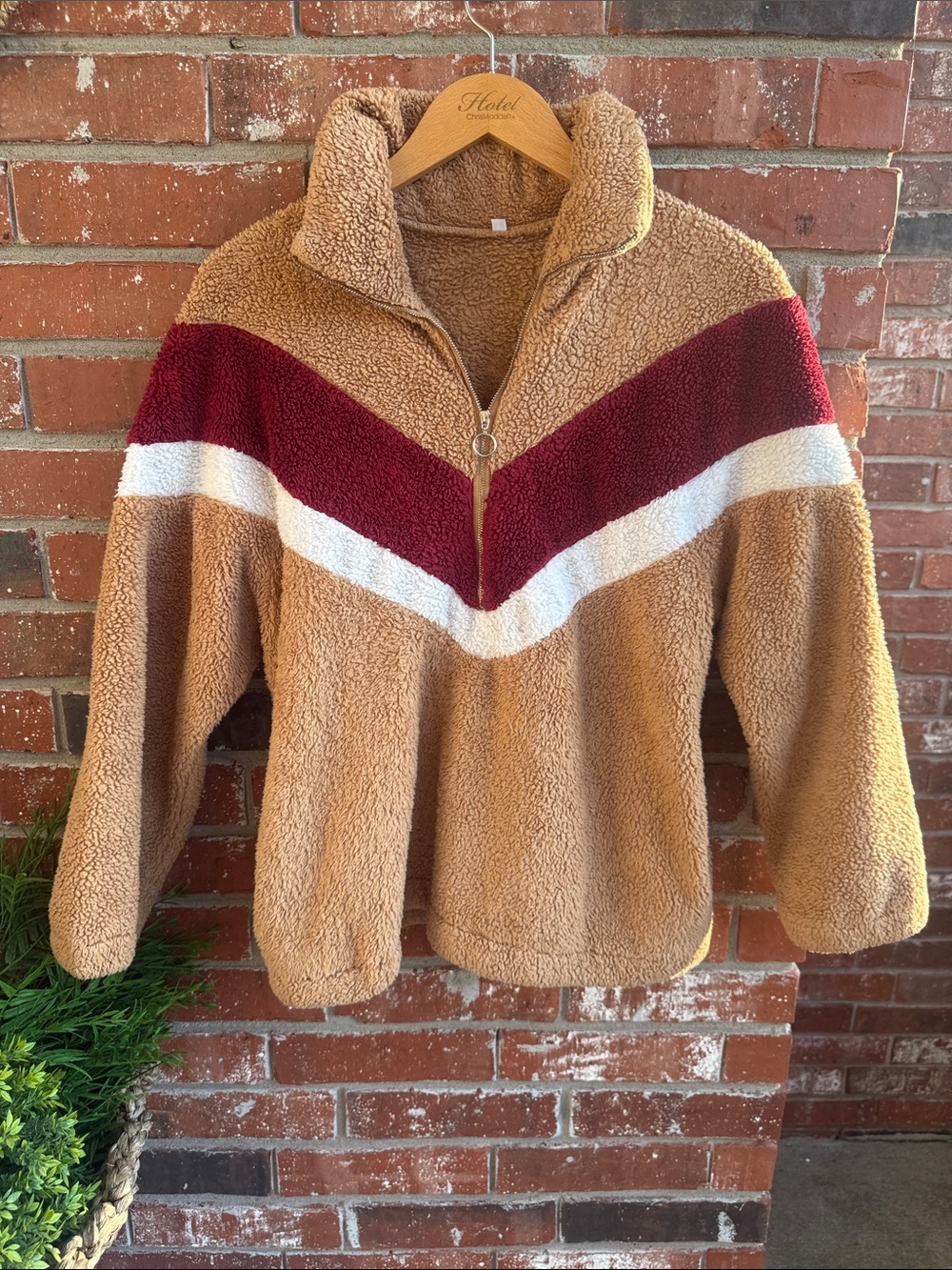 Teddy Bear Cozy Tan and Maroon Chevron Sherpa Pullover